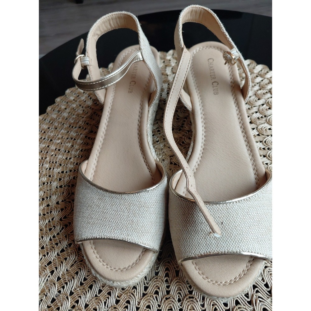 Charter Club 9M Luchia Women's Canvas Buckle Wedge Sandals Natural Gold Trim
